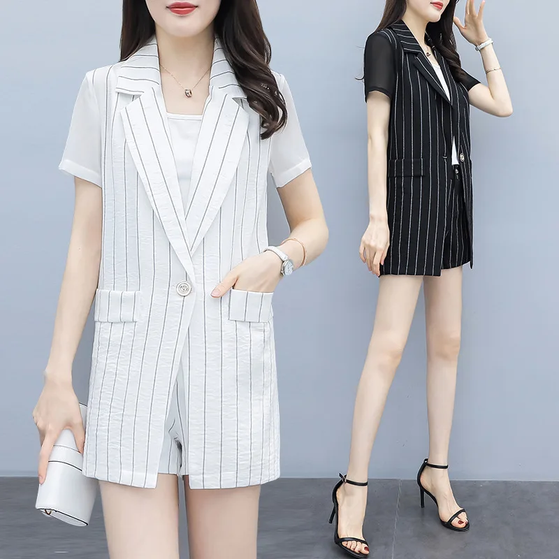 

2019 Summer Wear New Style Large Size Dress Fat Mm Short Sleeve Striped Small Suit Coat + Shorts Two-Piece Set