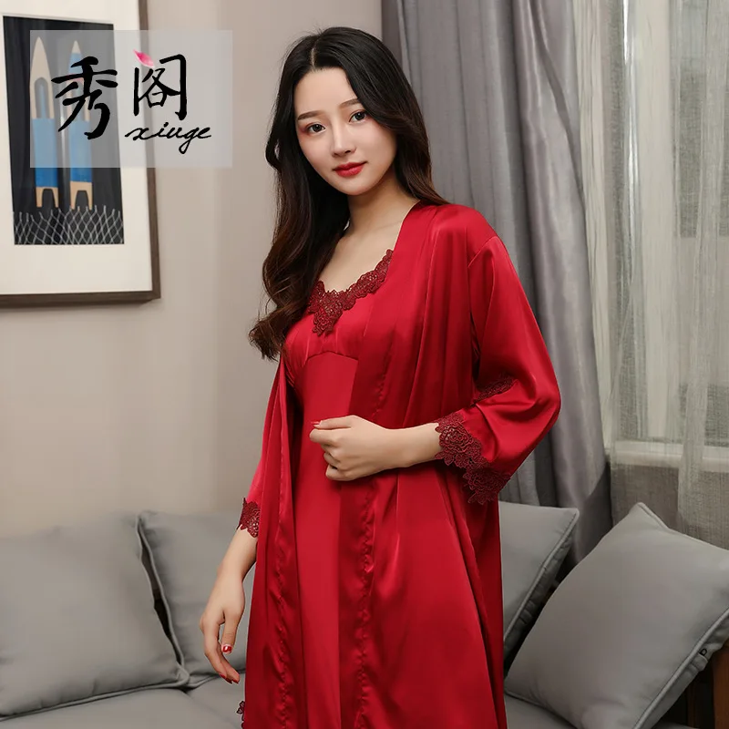 

Hot Selling Autumn Imitated Silk Pajamas Camisole Trousers Lace Strapped Dress Women's Robes Five Pieces Set with Chest Pad