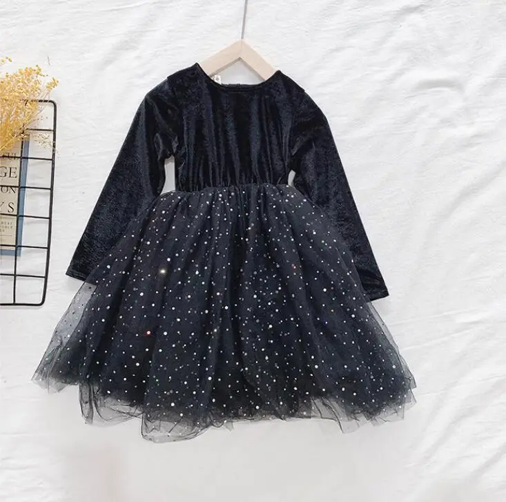 Новые детские черные сетчатые платья с длинными рукавами для малышей элегантная одежда принцессы для девочек 5 шт./партия