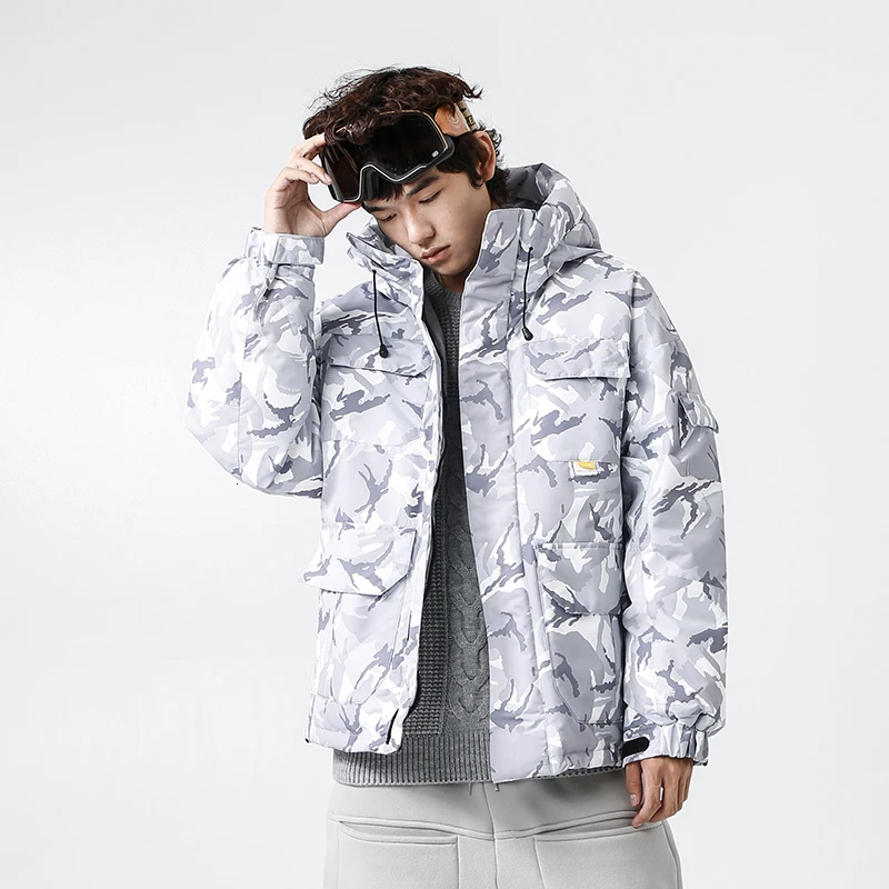 

YUECHEN Autumn And Winter Men's New Light Gray Camouflage Four Pockets Hooded Tooling Cotton Zipper Polyester M-2XL