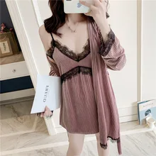 Кружевной комплект для сна с вырезами, модный банный халат на бретельках, Женский комплект халатов, женский зимний сексуальный комплект ночного платья с v-образным вырезом