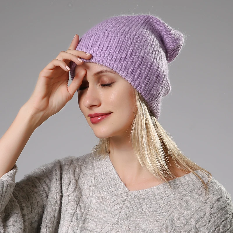 purple Новая зимняя женская шапка из кроличьего кашемира, вязаные шапки, толстые теплые женские шерстяные шапка из ангорской шерсти, женские вязаные шапки - Цвет: purple