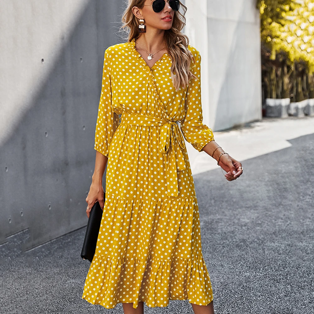 

Polka Dot Print Maxi Dress 2021 Full Sleeve V Neck Lace Up With Sashes Ruffles Ladies Spring Autumn Elegant Vacation Dresses