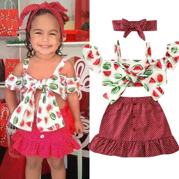 

2020 Summer Toddler Kids Girls Clothes Sets 3pcs Off Shoulder Watermelon Print T-Shirts Tops Plaid Ruffles Skirts Headband