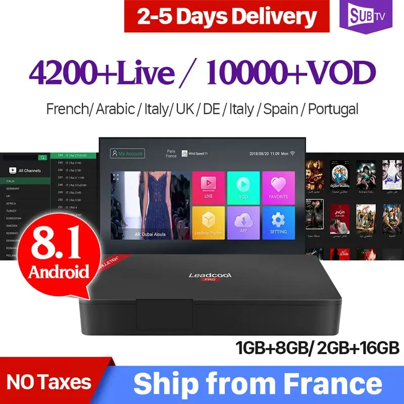

France IPTV Portugal Europe IPTV box Android 8.1 Leadcool Pro set-top box with 1Year SUBTV Code 4800+ Live IPTV French BOX