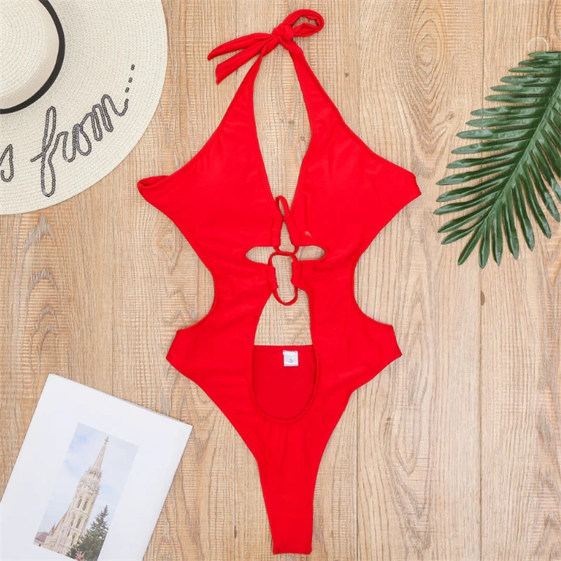 JCSWIM, сплошной черный купальник, женский, с вырезом, бикини, Mujer, бандаж, Холтер, купальник, летняя пляжная одежда, купальный костюм - Цвет: Red