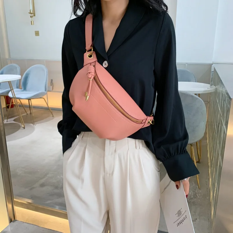 

Caker Brand 2019 Women Ruched Half Circle Bag High Quality PINK WHITE BLACK RED Chain Fanny Chest Pack