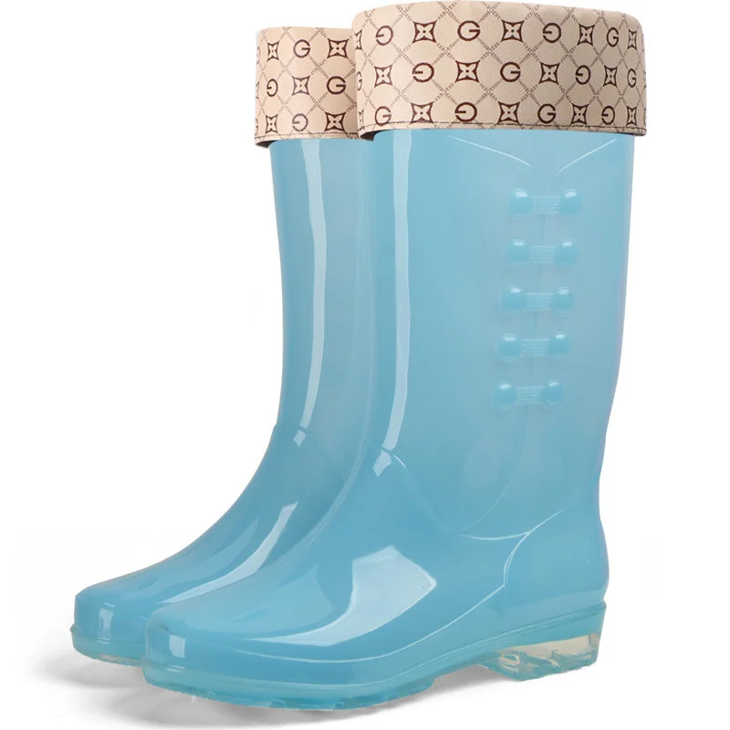 Sky Blue Plus Cotton Женские резиновые сапоги из пвх; водонепроницаемая обувь; резиновые сапоги; нескользящие теплые женские резиновые сапоги до колена - Цвет: Sky Blue Plus Cotton