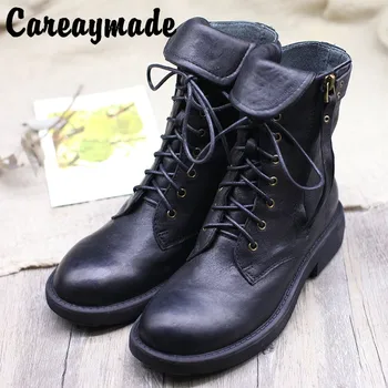 

Careaymade-Autumn British Wind Tie Side Zipper Handsome Trunk Leather Comfortable Locomotive Boots with Low-heel Martin Boots