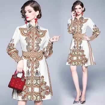 

High Quality Runway Designer Luxious Floral Print Lantern Long Sleeve Mini Dresses Elegant Female Short Dress with Belt