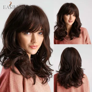 

EASIHAIR Medium Length Wavy Brown Synthetic Wigs With Bangs For Afro Women Cosplay Daily Natural Hair Wigs Heat Resistant Fiber