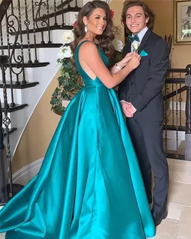 

Newland ZhiMei A Line Evening Dresse Simple Style Deep V Neck Women Long Satin Party Gowns Formal Dress Vestidos De Fiesta 2020
