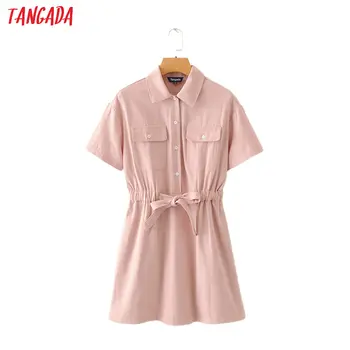 

Tangada women elegant pink denim dress with slash short sleeve 2020 fashion female high street dresses vestido 2M01