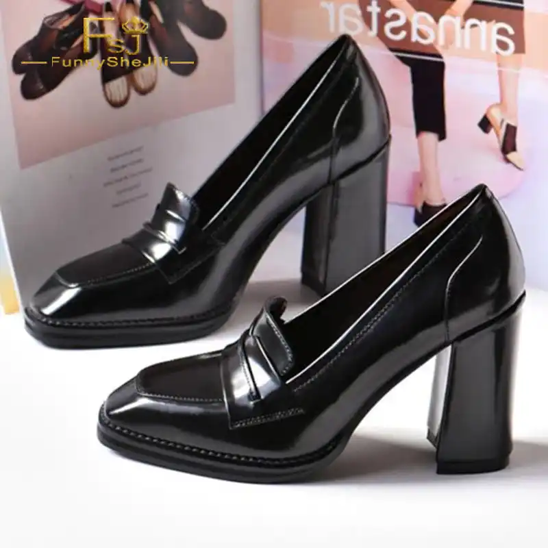high heel loafers black