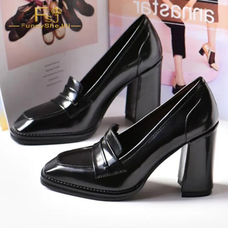 

Black Patent Leather Block Heel Square Toe Heeled Loafers for Women Spring Autumn Work Elegant Shoes Pius US Size 4-16 FSJ