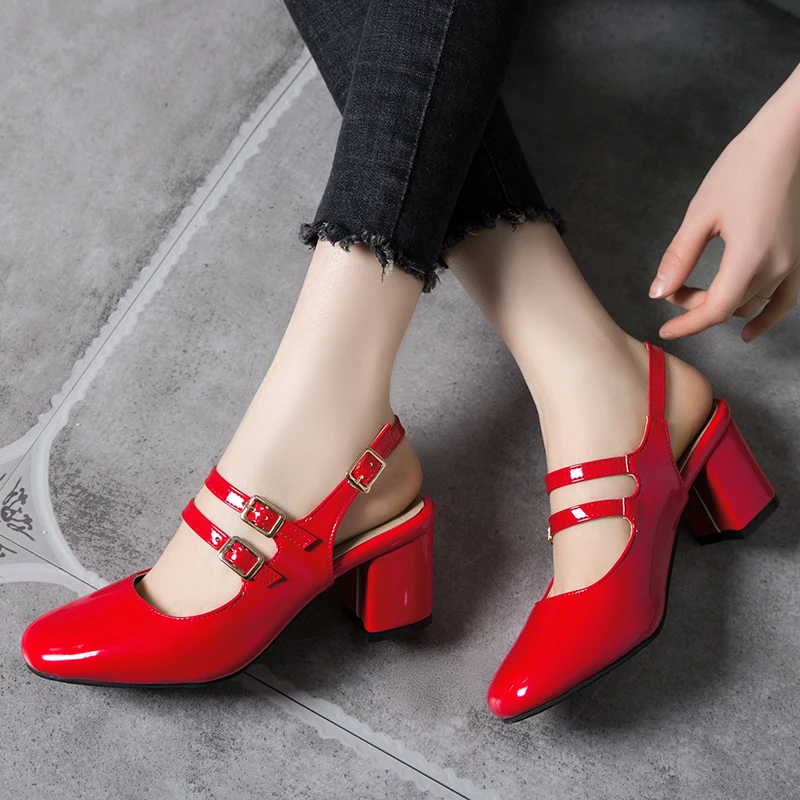 

Women Fashion Square Toe Block Thick High Heel Dress Pumps Retro Slingbacks Buckle Strap Patent Leather Mary Janes Pumps