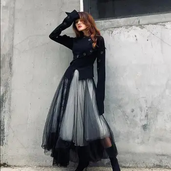 

2020 Women Spring Sutumn New Punk Style Black Mesh Skirt Casual Loose Lace Patchwork High Waist Long Ball Gown Skirt Fashion