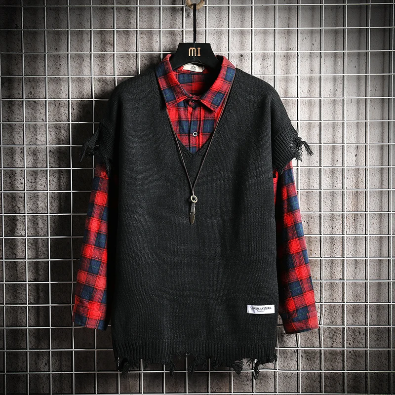 Autumn Sweater Vest Men Fashion Solid Color Casual V-neck Knit Sweter Vest Men Streetwear Loose Hole Pullover Man Clothes M-3XL