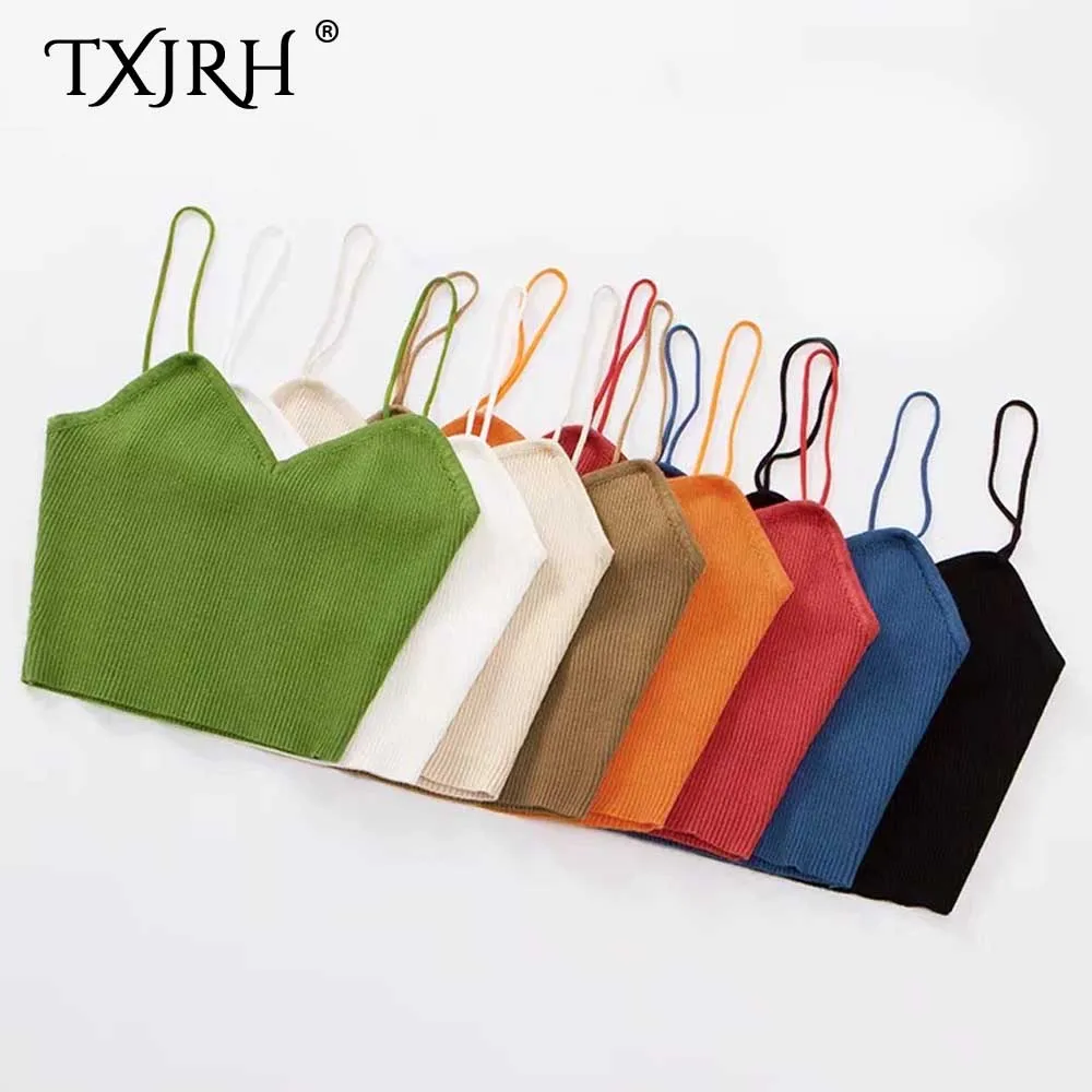 

TXJRH 2019 Sexy Knitted Fitness Spaghetti Strap V-Neck Pullover Backless Elasticity Camis Tight Exposed Navel Crop Tops 8 Colors