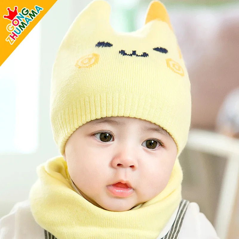 Детская вязаная шапка, шарф, комплект осенне-зимней одежды для малышей, милые шапки с котами, теплый и защищающий уши, вязаный костюм из искусственной шерсти - Цвет: 2