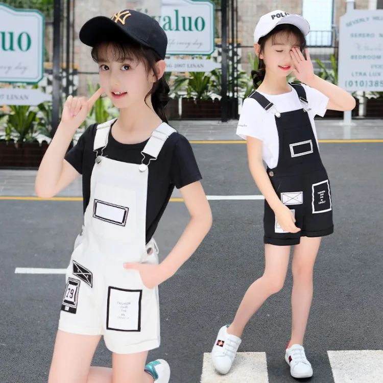 2020 Summer kids baby Girl Clothes Overalls Cotton Children White T-shirts + Shorts Fashion Teenager 4 5 6 7 8 9 10 11 12 years | Детская