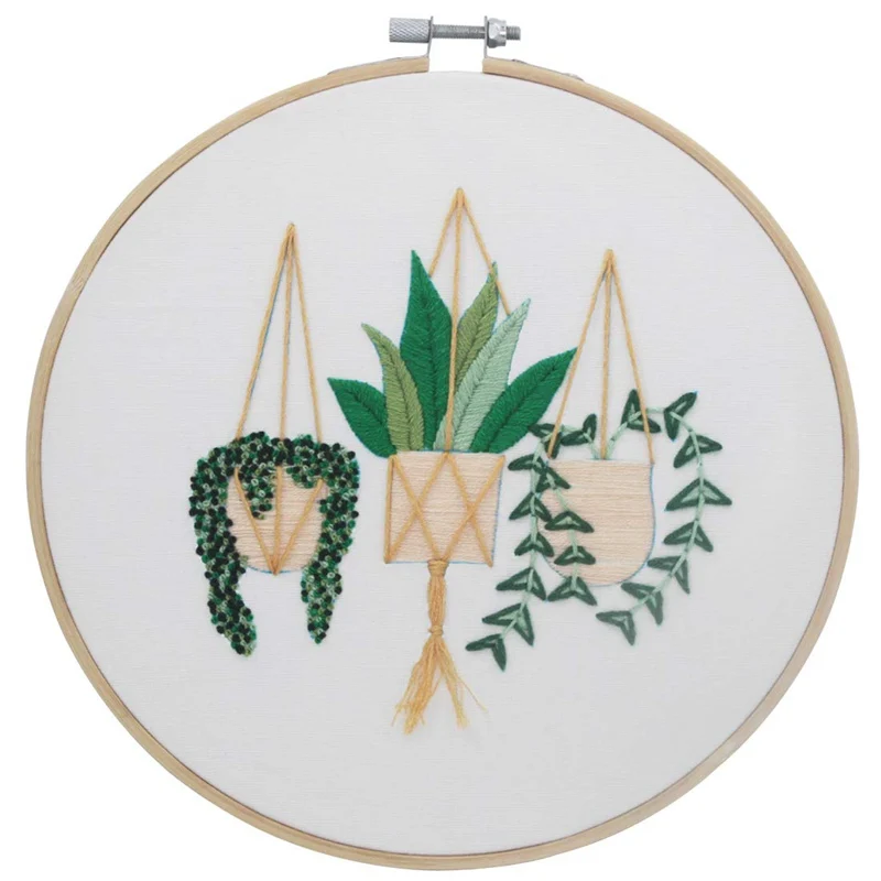 Embroidery Starter Kit Embroidery Cloth with Plant Pattern Bamboo Hoop Color Threads and Tools Kit for Art Craft Handy Sewing