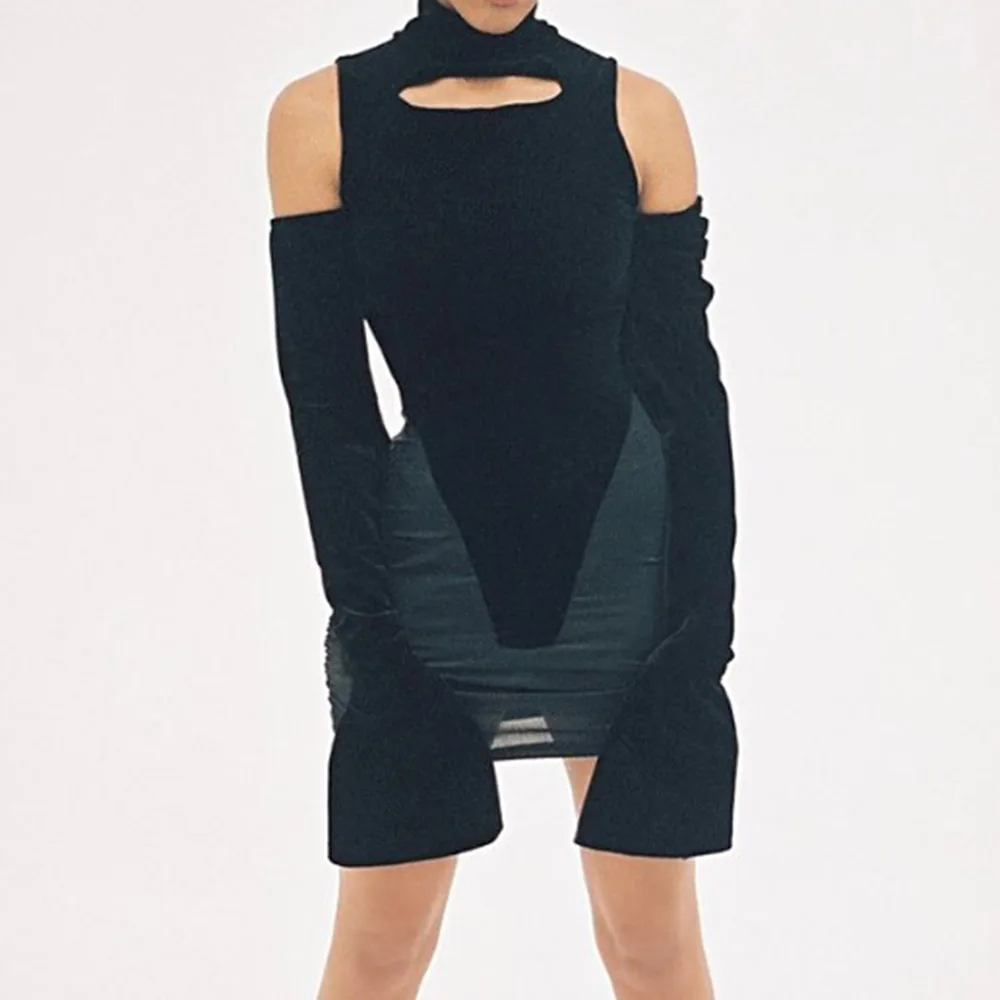High Street Women Dress Spring Autumn New Fashion Hipster Simple Designer Strapless Splicing PU Folds Turtleneck Long Sleeve | Женская