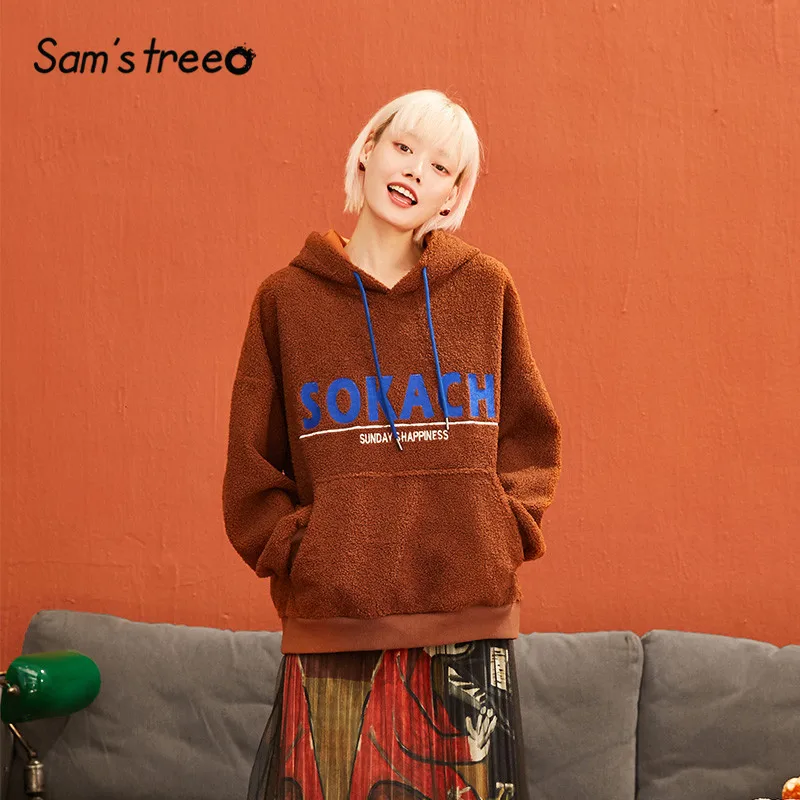 SAM'S TREE Solid Teddy Lazy Letter Embroidery Hoodies Sweatshirt Women Autumn Straight Long Sleeve Casual Female Daily Tops