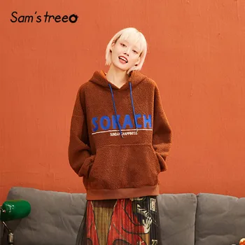 

SAM'S TREE Solid Teddy Lazy Letter Embroidery Hoodies Sweatshirt Women 2019 Autumn Straight Long Sleeve Casual Female Daily Tops