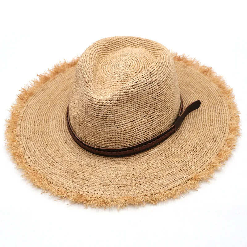 

202104-gaoda-panama summer handmade fine raffia grass belt beach lady fedoras cap men women panama jazz hat