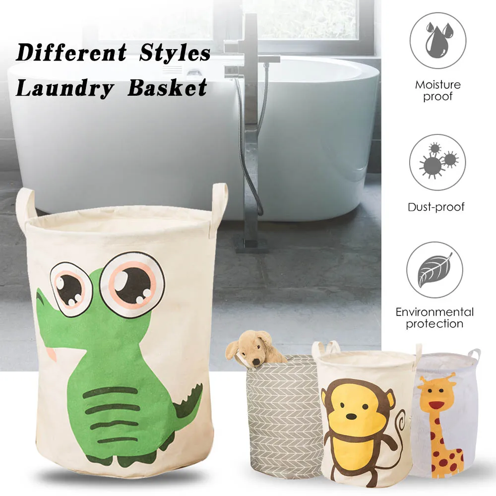 

Practical Round Laundry Basket With Hamper Foldable Storage Laundry Basket Clothes Toy Collapsible Holder Organizer Animal Decor