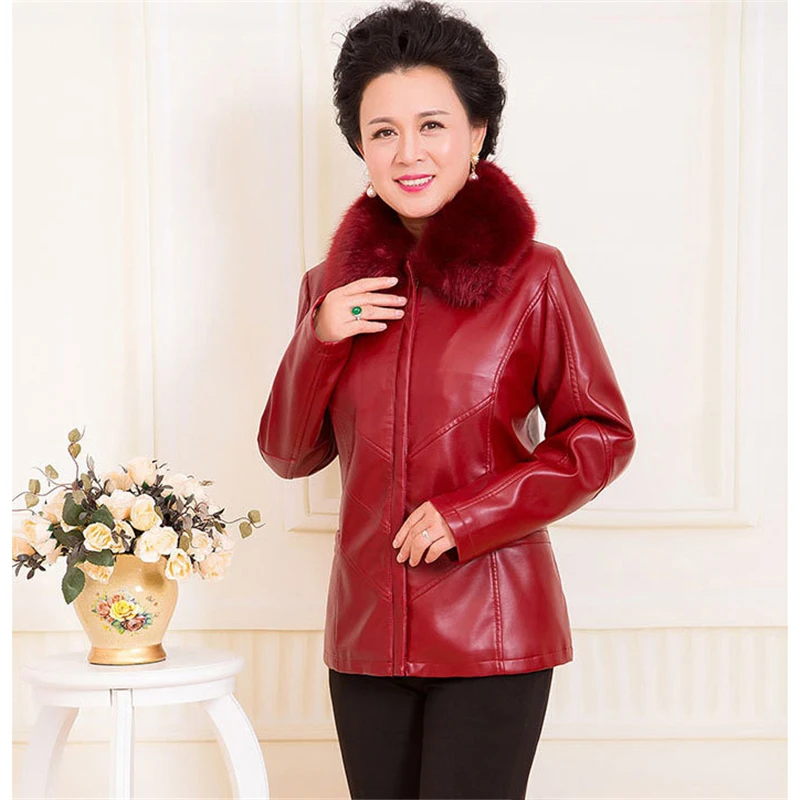 Модное пальто из искусственной кожи для мамы, Женская XL-6XL, большие размеры, черная, красная куртка из искусственной кожи, осенне-зимняя новая куртка с отворотом для отдыха, толстое пальто LR460