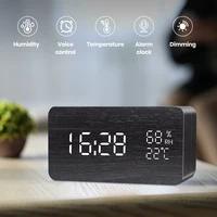 Alarm Clock LED Digital Wooden USB AAA Powered Table Watch With Temperature Humidity Voice Control Snooze