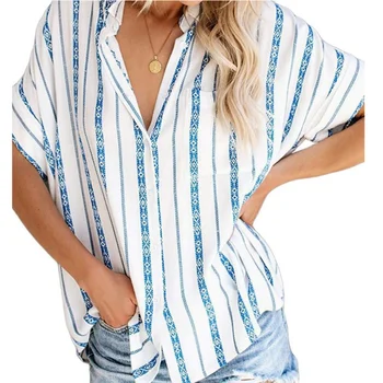 

Womens Fashion Striped Short-Sleeve Blouse Shirt Female Lapel Commuting Chiffon Tops With Pocket Casual Beach Casual Blouse