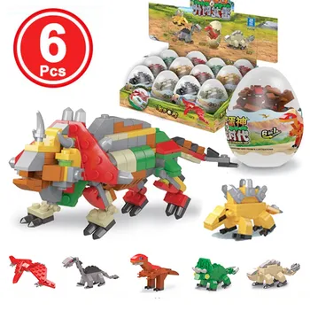 

6pcs Blind box toys Building block puzzle for children Dinosaur Toy Model Deformed Dinosaurs Easter Surprise Eggs Collection