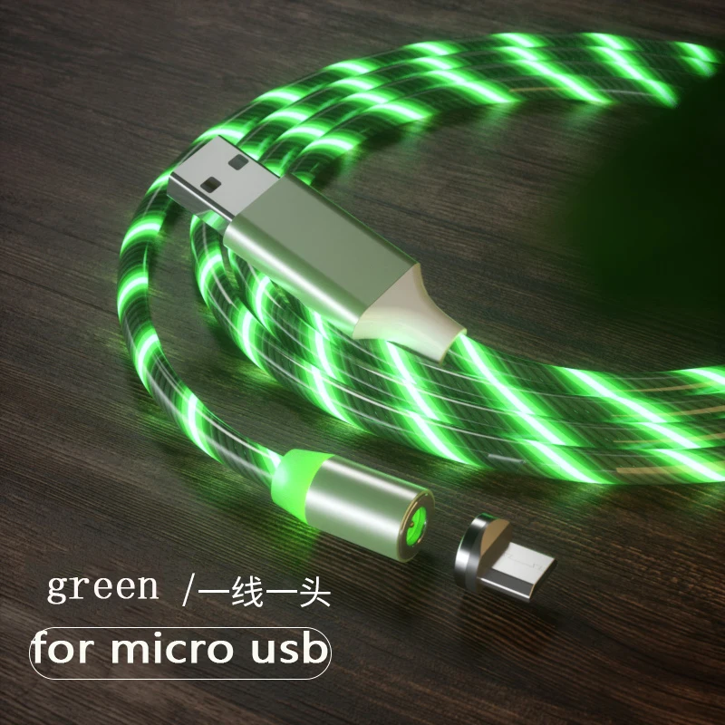 1 м Магнитный зарядный кабель для мобильного телефона, usb type C, светящийся провод для передачи данных для iphone Samaung huawei, светодиодный Micro Kable - Цвет: green for micro usb