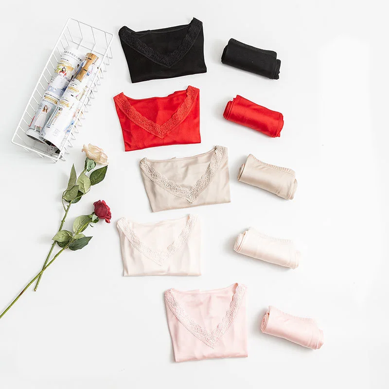 Thermal underwear sets Women Autumn Winter Long Johns Silk Lace V neck Solid