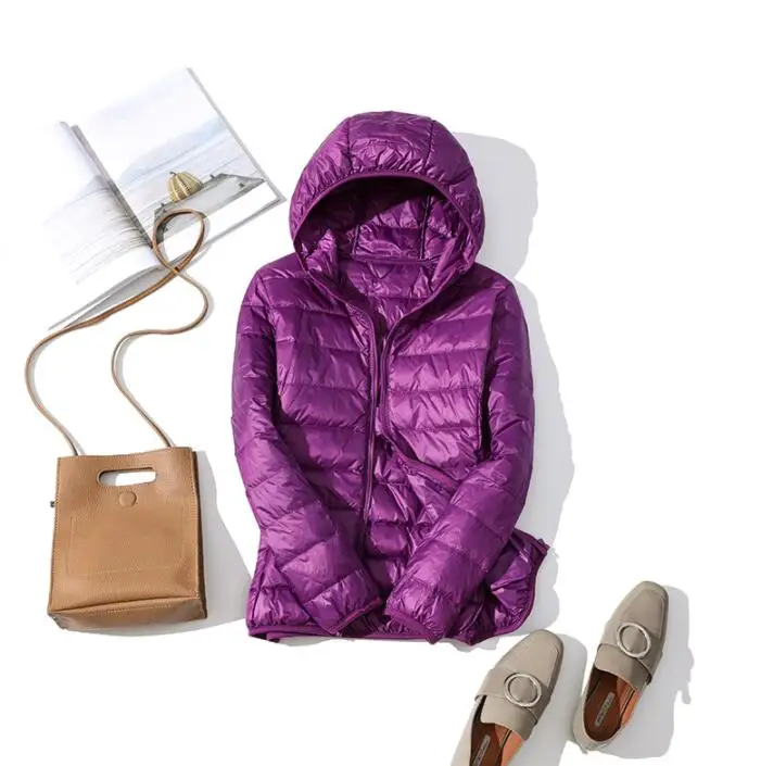 Purple Hooded Зимний женский ультра легкий пуховик 90% белый пуховик с капюшоном куртка с длинным рукавом теплое пальто парка Женская Однотонная легкая одежда - Цвет: Purple Hooded