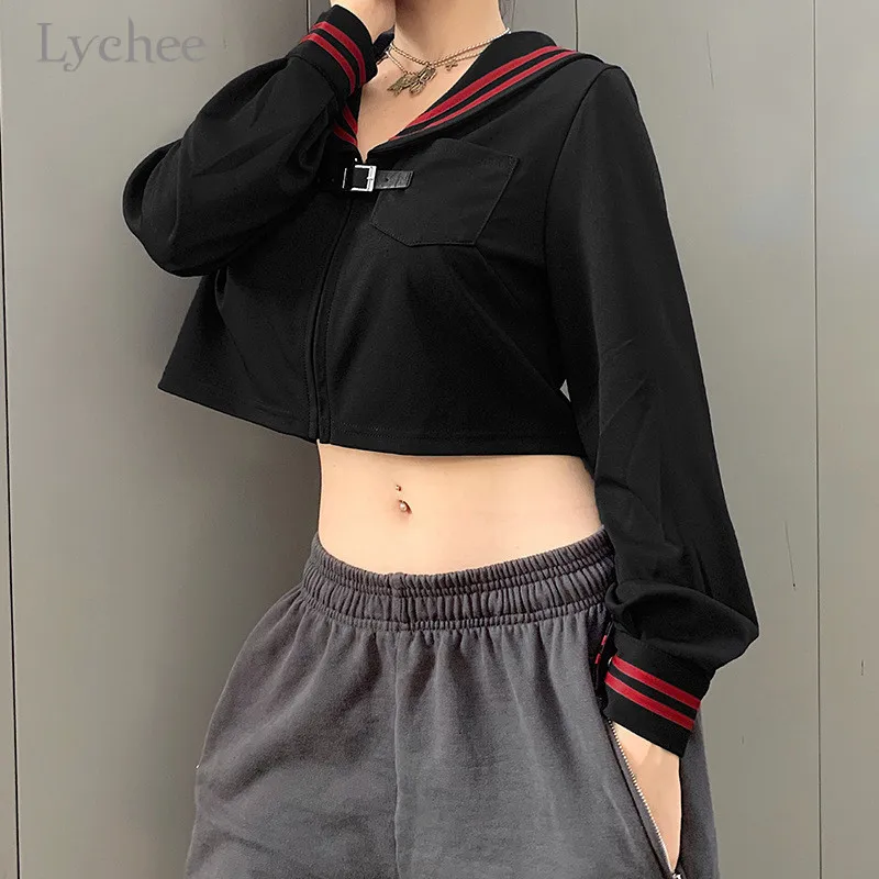 remarkable  Lychee Harajuku Casual Preppy Zipper Female Crop Coats Sailor Collar Stripe Women Jacket Spring Aut