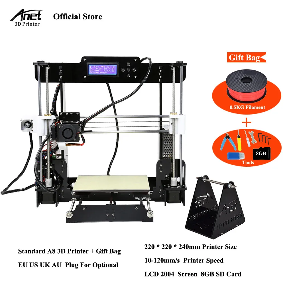 normal a8 0.5kg 3d принтер Анет A8 auto level и нормальный 3д принтер 3D-принтеры 0.4 мм сопла RepRap i3 алюминиевый сплав очаг pritner DIY Kit нити 8 г SD карты принтер 3d - Цвет: normal a8 0.5kg
