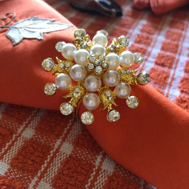 LIXF 10Pcs Hotel Napkin Ring Napkin Holder Round Flower Pearl Napkin Buckle Christmas Wedding Party Gold Napkin Circle Dinner Ta