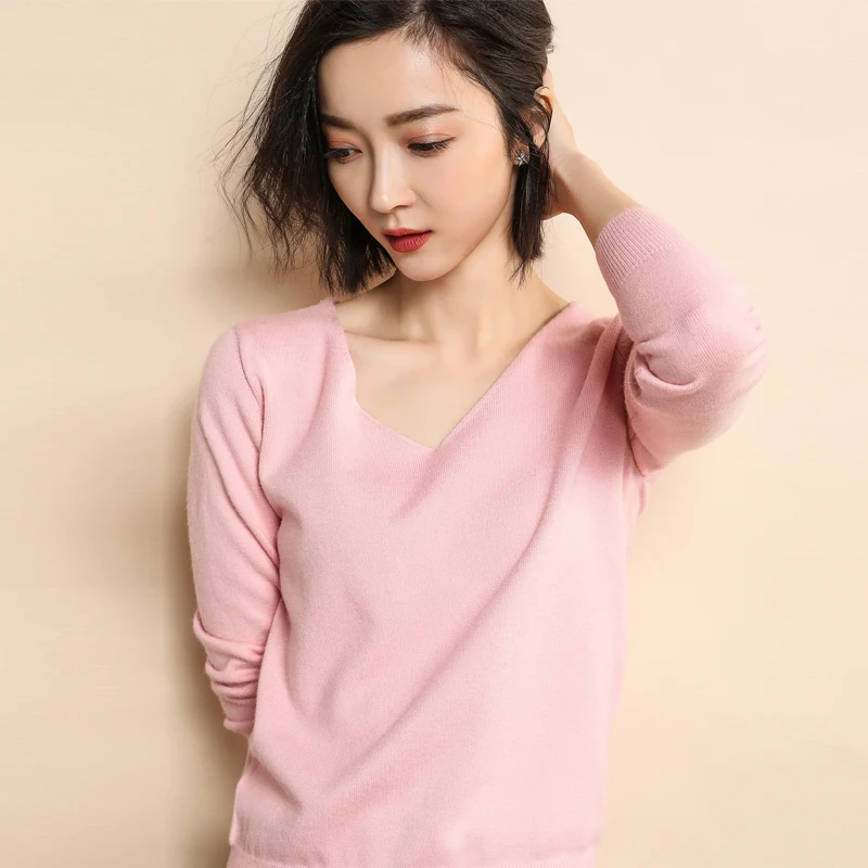 

2019 new fashion women's pullover ladies V-neck cashmere wool knit solid color loose large size sweater