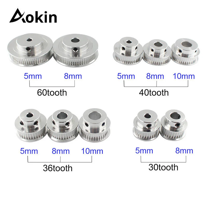 Aokin GT2 Timing Pulley 3D Printer Parts 30 36 40 60 Tooth Wheel Parts Bore 5mm 8mm Aluminium Gear Teeth Width 6mm For Reprap