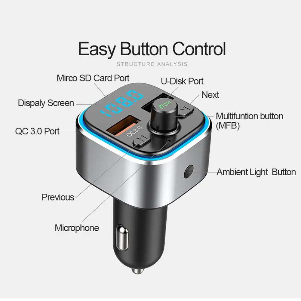 QC3.0 Быстрая зарядка Автомобильный Bluetooth MP3-плеер автомобильный fm-передатчик красочный атмосферный свет дисплей зарядное устройство