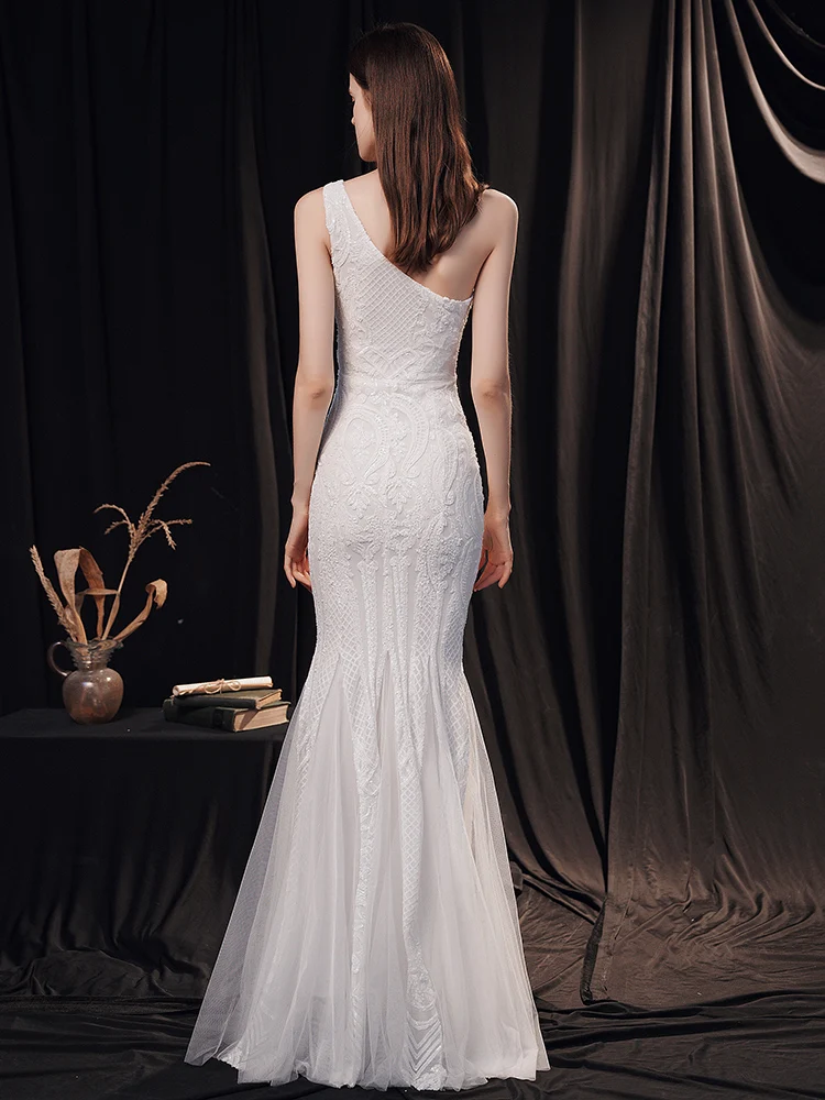 YIDINGZS Elegant One Shoulder White Long Sequin Evening Dress 2021 New Women Party Dress Wedding Wear