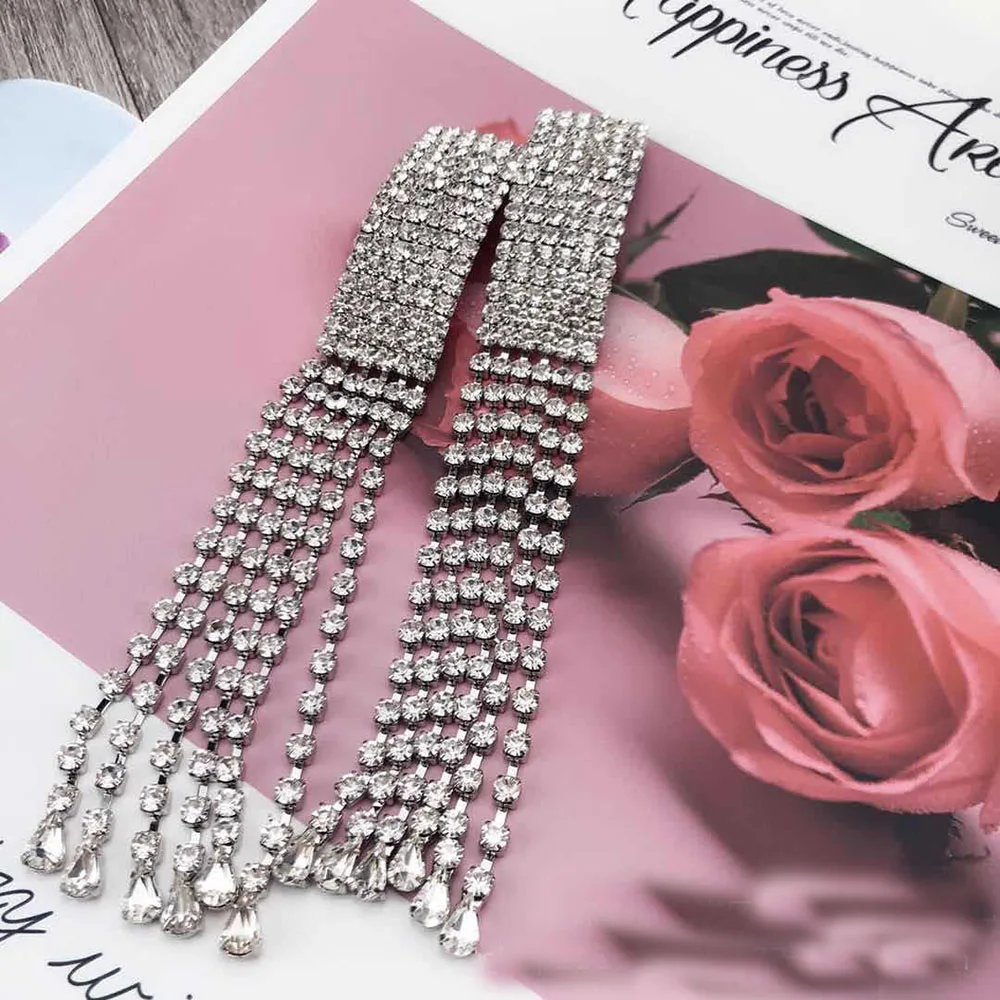 Luxury crystal tassel long women ear clip earrings without piercing shiny party earrings