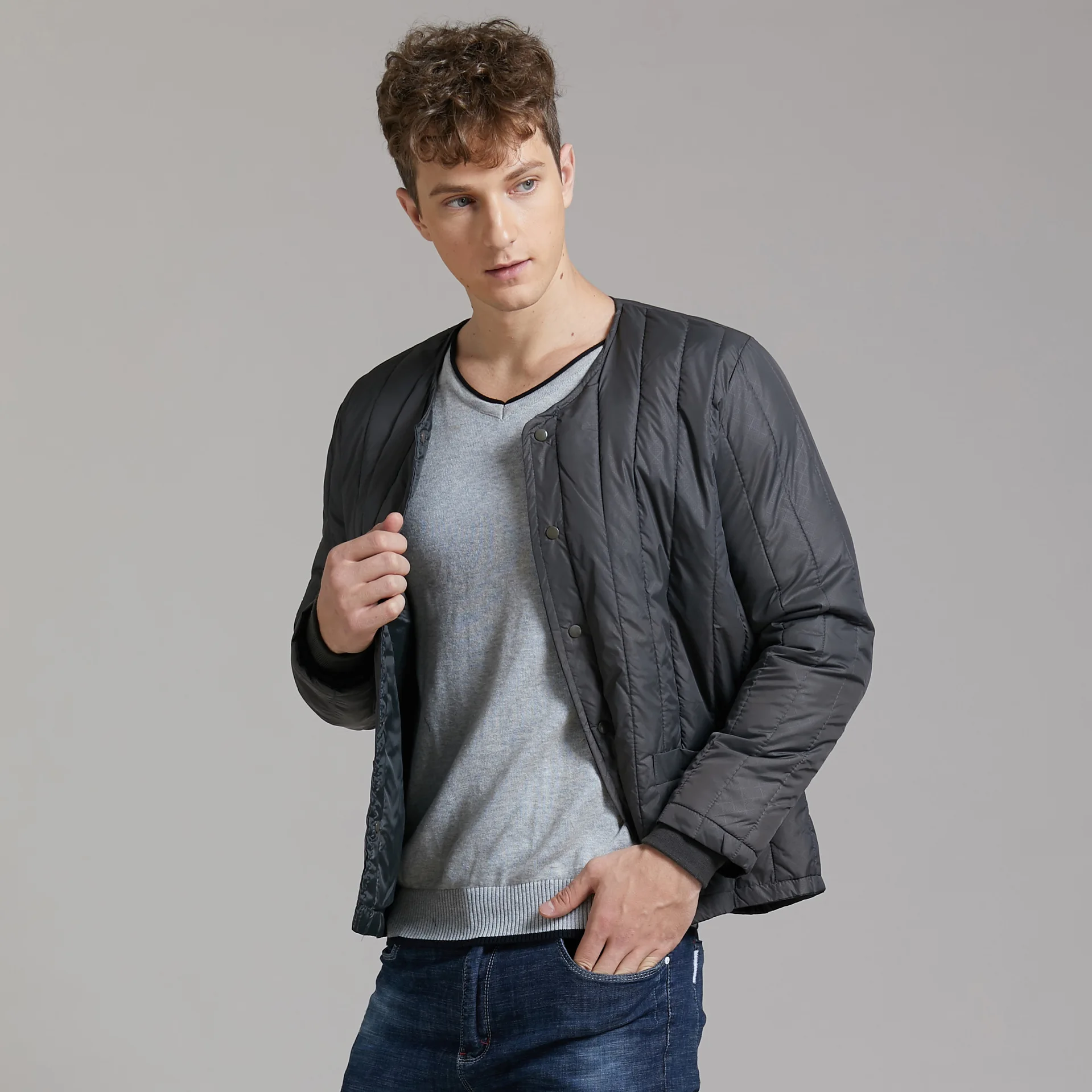 Winter Warm Cotton Liner Youth Old Mens Jacket Liner Tops Lightweight Thin Thermal Cotton Clothing Lining Collarless Short Coat