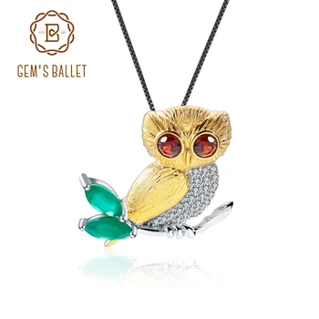 

GEM'S BALLET 925 Sterling Silver Cute Owl Animal Pendant Brooch Natural Garnet Agate Gemstone for Women Fine Jewelry