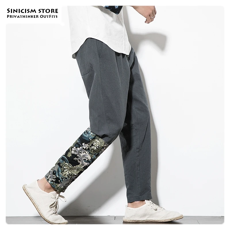Sinicism Store мужские льняные брюки в китайском стиле, мужские свободные прямые повседневные брюки большого размера, мужские осенние черные модные брюки s