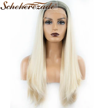 

Scheherezade Long Ombre Blonde Wig Synthetic Lace Front Wigs For Women Middle Part Straight Mix Black Wig High Temperature Fiber